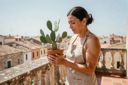 Femme tenant un cactus succulente en pot de terre cuite sur un balcon méditerranéen ensoleillé, illustrant les plantes résistantes à la sécheresse