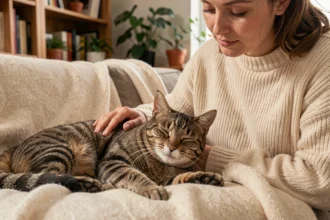 Femme réconfortant son chat déprimé en le caressant sur un canapé avec une couverture en laine