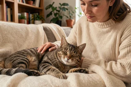 Femme réconfortant son chat déprimé en le caressant sur un canapé avec une couverture en laine