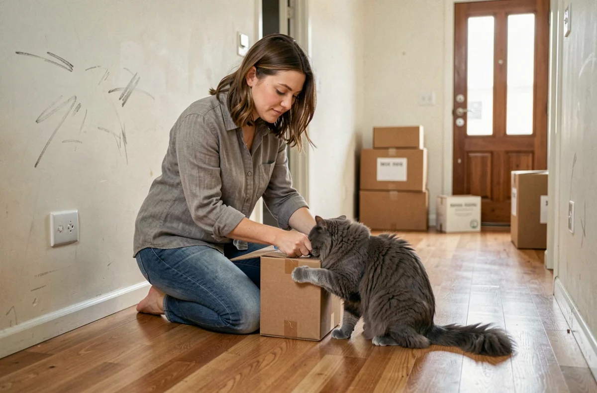 Femme en train d'emballer des cartons de déménagement avec son chat gris qui se frotte contre elle