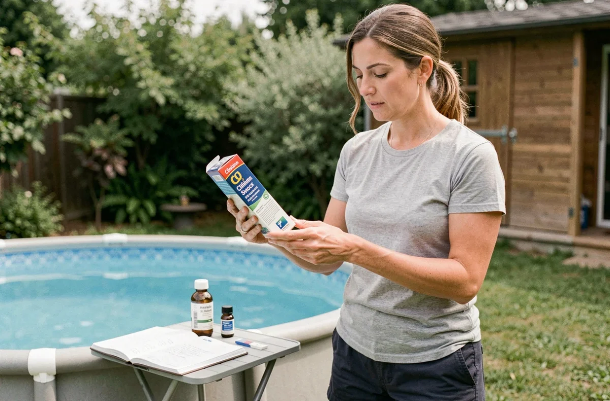 Femme lisant les instructions du chlore choc pour traiter les algues de sa piscine