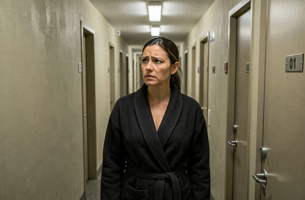 Femme en robe de chambre écoutant l'alarme de l'appartement voisin dans un couloir d'immeuble la nuit