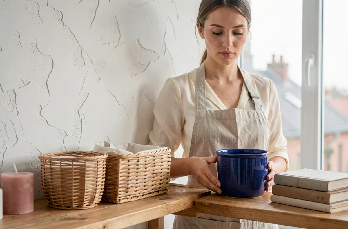 Femme disposant un pot en céramique bleue sur une étagère pour ajouter une touche de couleur à son intérieur