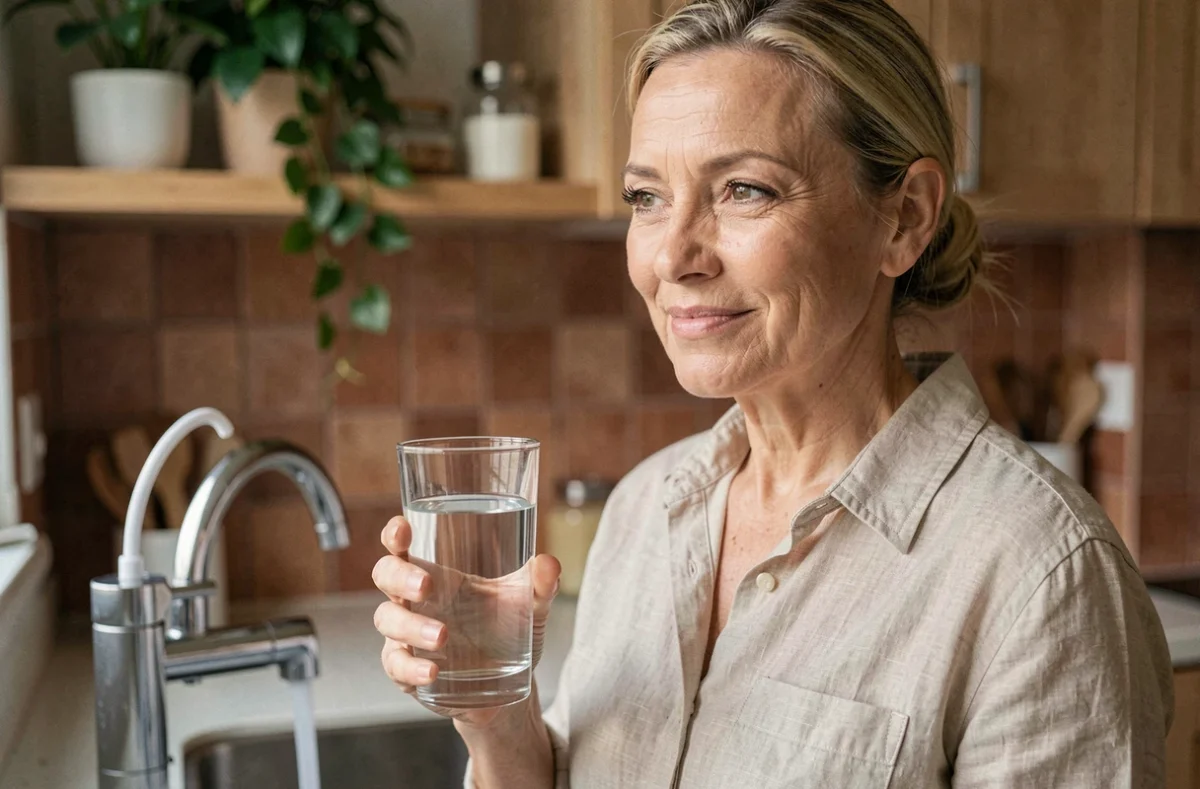 Femme tenant un verre d'eau filtrée à côté d'un robinet à osmose inverse dans une cuisine contemporaine