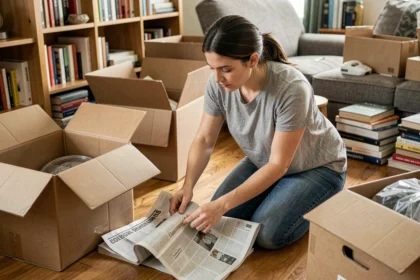 Femme en train d'emballer des cartons de déménagement dans un appartement en cours de préparation