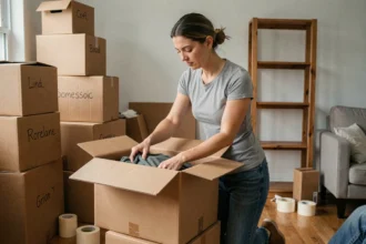 Femme en train d'emballer ses affaires dans des cartons pour un déménagement rapide en une semaine