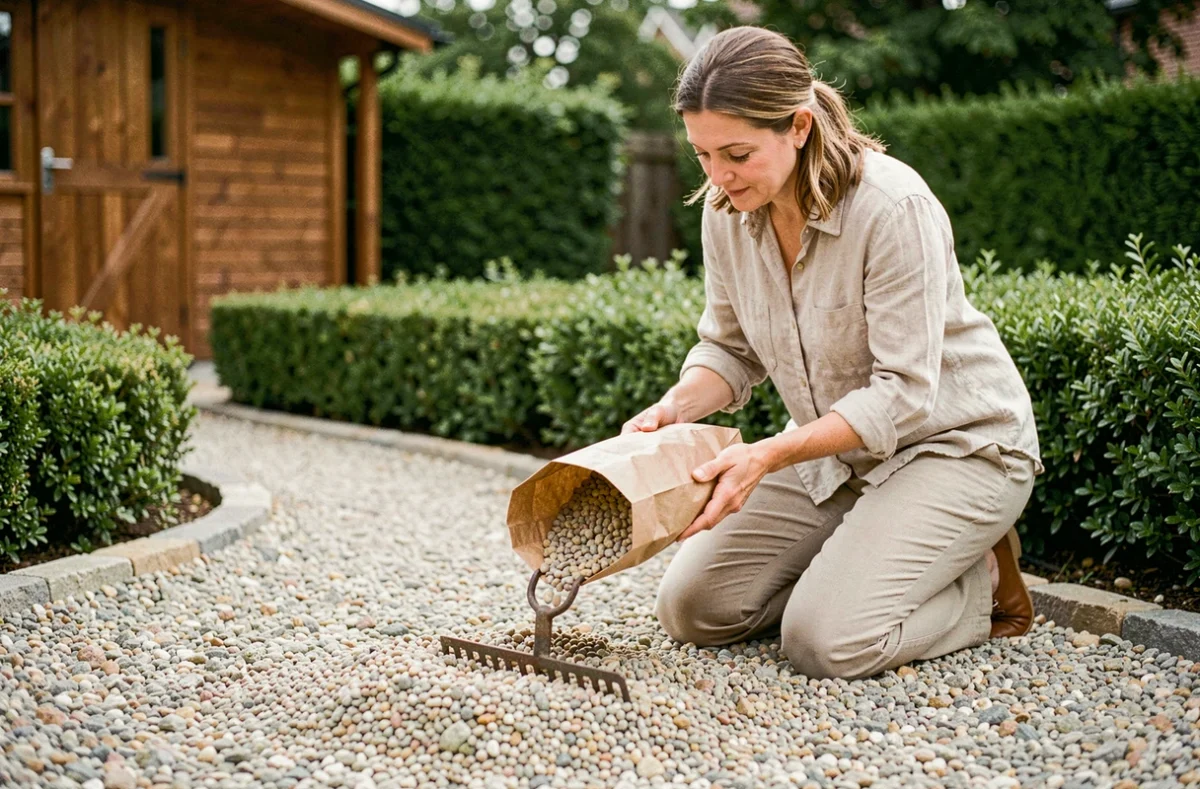 Femme étalant du gravier de pois avec un râteau sur une allée de jardin résidentiel pour atteindre la profondeur recommandée