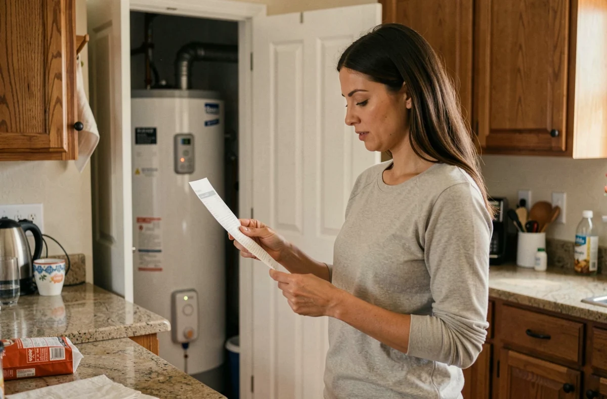 Femme consultant sa facture d'électricité à la cuisine avec un chauffe-eau électrique de 200 litres visible en arrière-plan