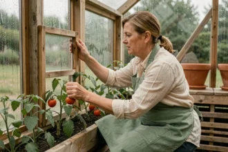 Femme jardinière ouvrant un panneau de ventilation dans une serre en bois pour éviter la condensation sur les parois vitrées