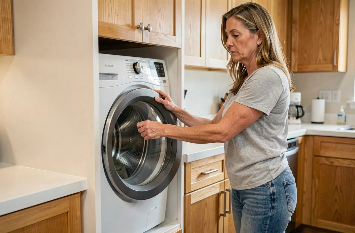 Femme utilisant un lave-linge séchant tout-en-un intégré dans une cuisine d'appartement