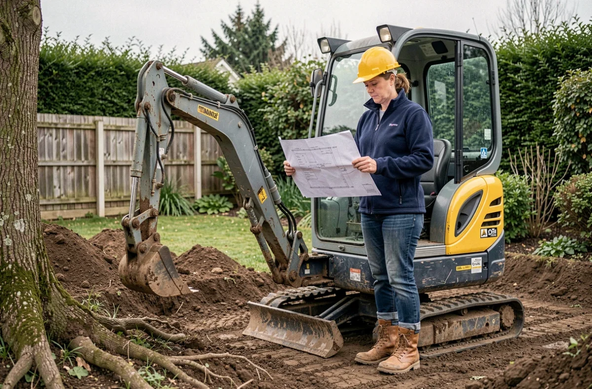 Femme professionnelle consultant des plans à côté d'une mini-pelle dans un jardin en travaux