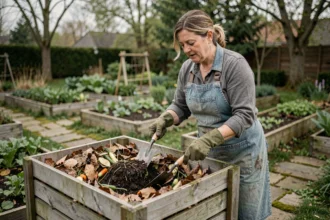 Femme retournant le compost dans un bac en bois au jardin pour éviter les mauvaises odeurs