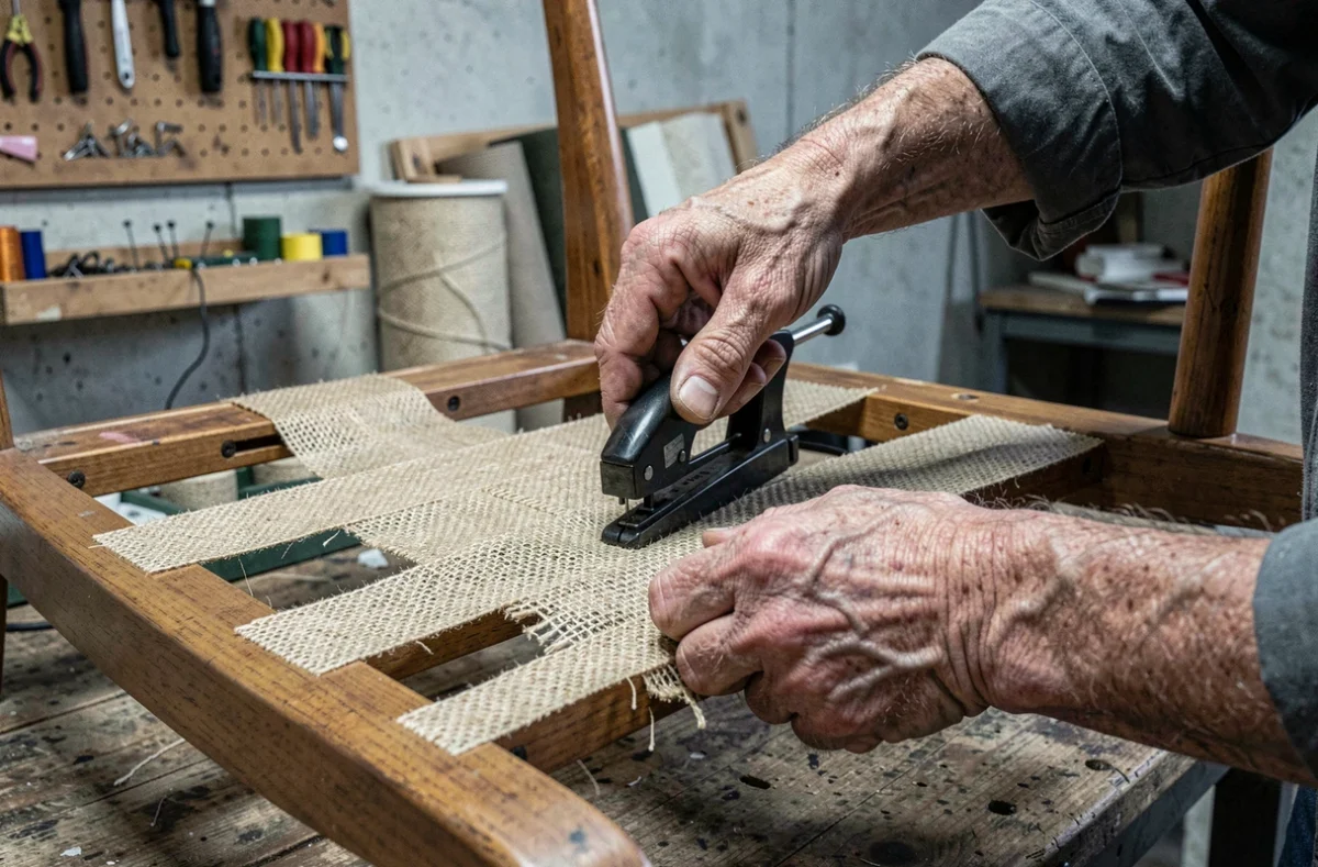 Gros plan sur des mains qui fixent des sangles de renfort sous l'assise d'un fauteuil