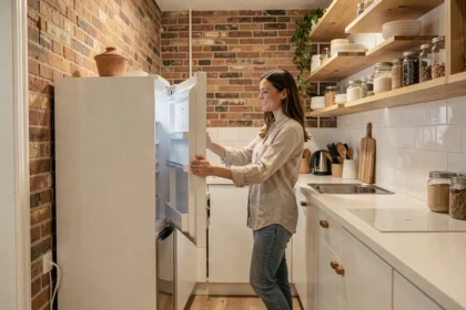 Petite cuisine parisienne avec réfrigérateur intégré entre les meubles dans un appartement compact
