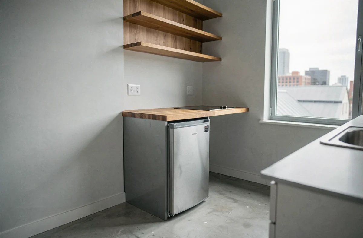Réfrigérateur sous plan de travail dans un coin cuisine de studio minimaliste