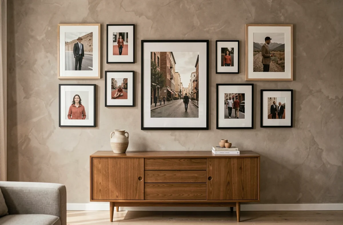 Mur galerie avec cadres de différentes dimensions harmonieusement disposés dans un salon moderne