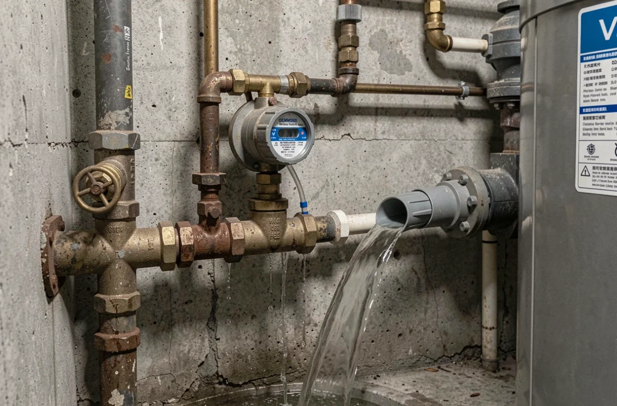 Tuyaux d'évacuation d'un système d'osmose inverse montrant le gaspillage d'eau, principal inconvénient de cette technologie de filtration