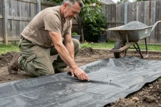Jardinier qui déroule un géotextile noir sur une allée avant de poser du gravier dans un jardin résidentiel