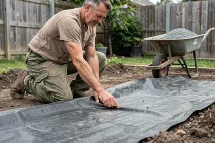Jardinier qui déroule un géotextile noir sur une allée avant de poser du gravier dans un jardin résidentiel