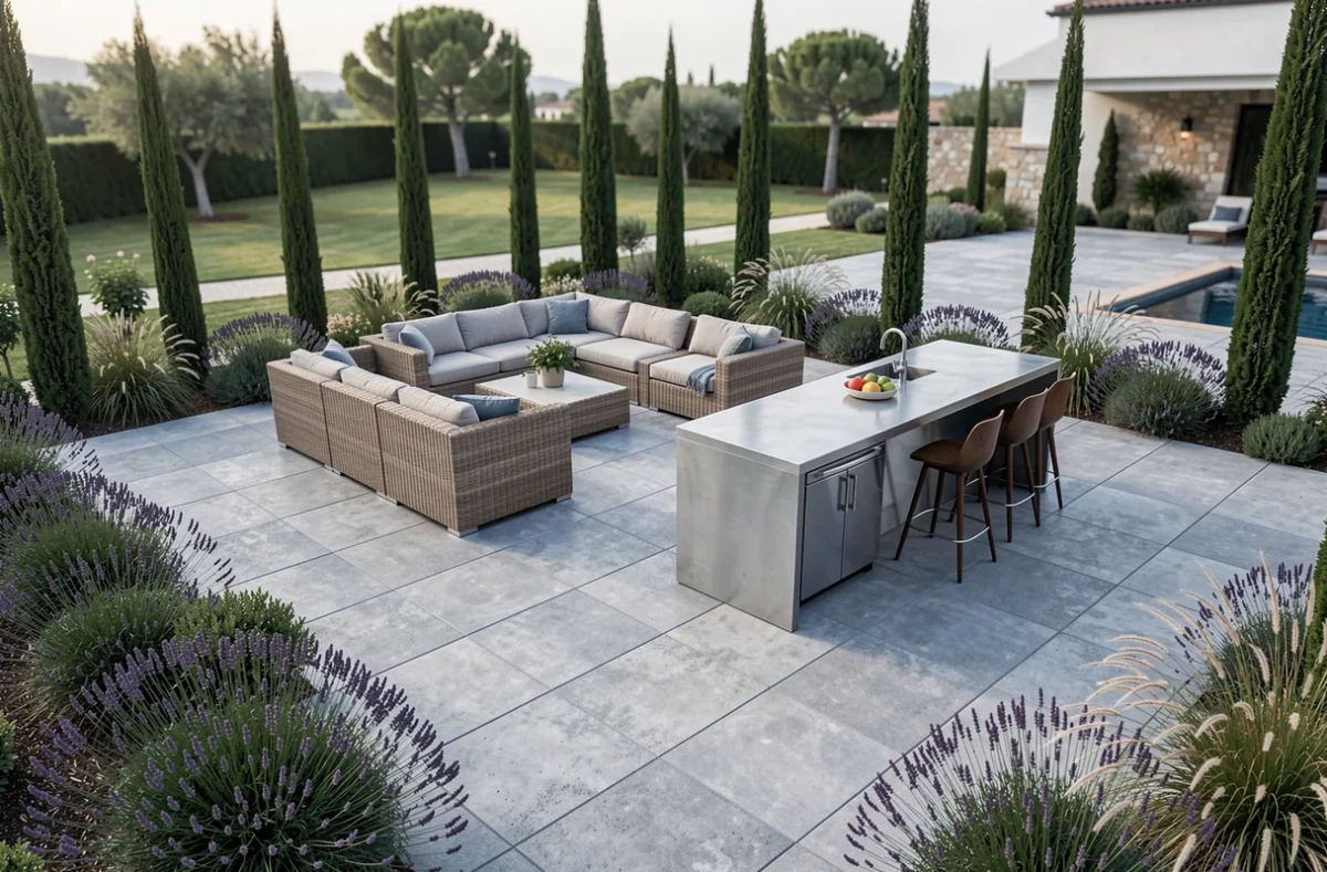 Grande terrasse contemporaine de 50 m² avec coin salon en rotin et cuisine extérieure, dallage béton et végétation méditerranéenne autour d'une villa