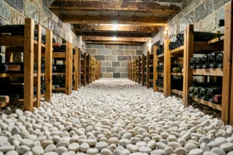 Sol de cave à vin recouvert de gravier calcaire blanc entre des casiers en bois anciens