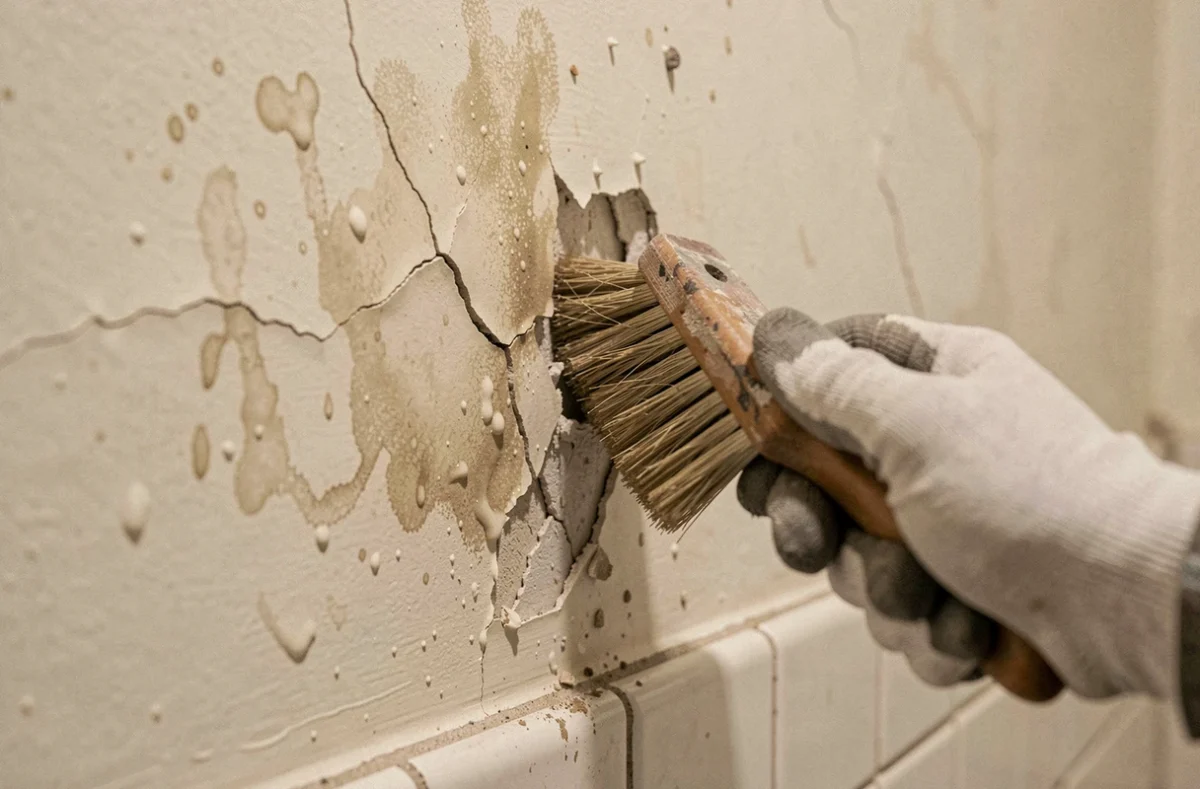 Gros plan sur un mur intérieur très abîmé avec fissures et peinture cloquée, main gantée préparant la surface