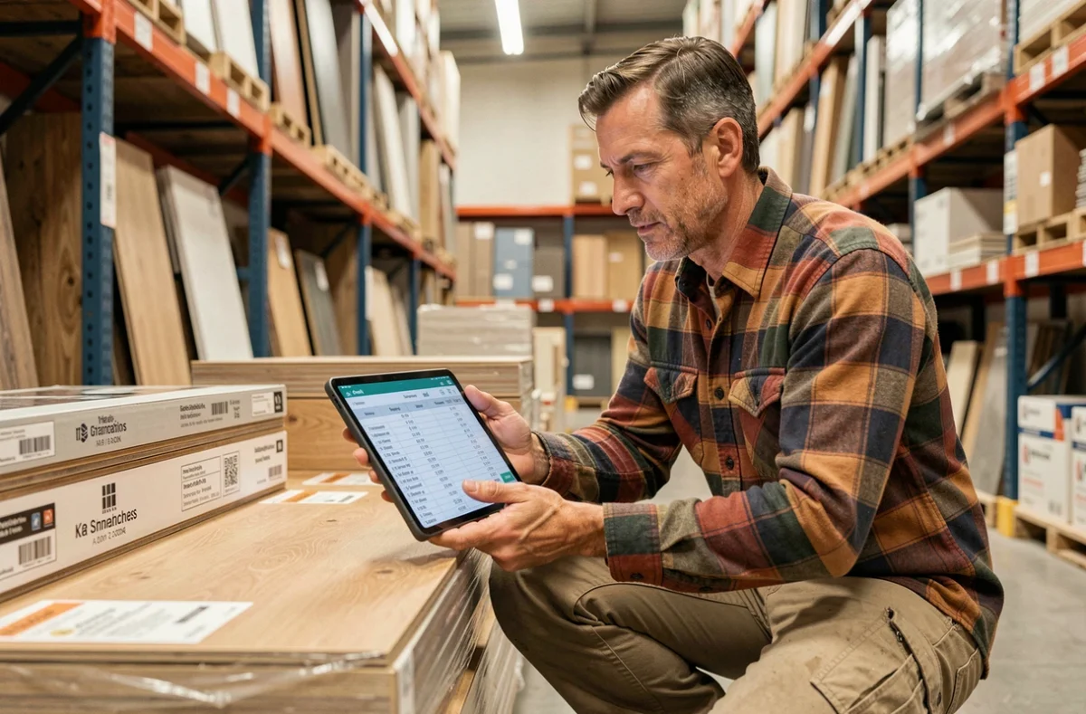 Homme consultant un tableur de budget sur tablette dans un magasin de matériaux pour évaluer le coût d'aménagement intérieur