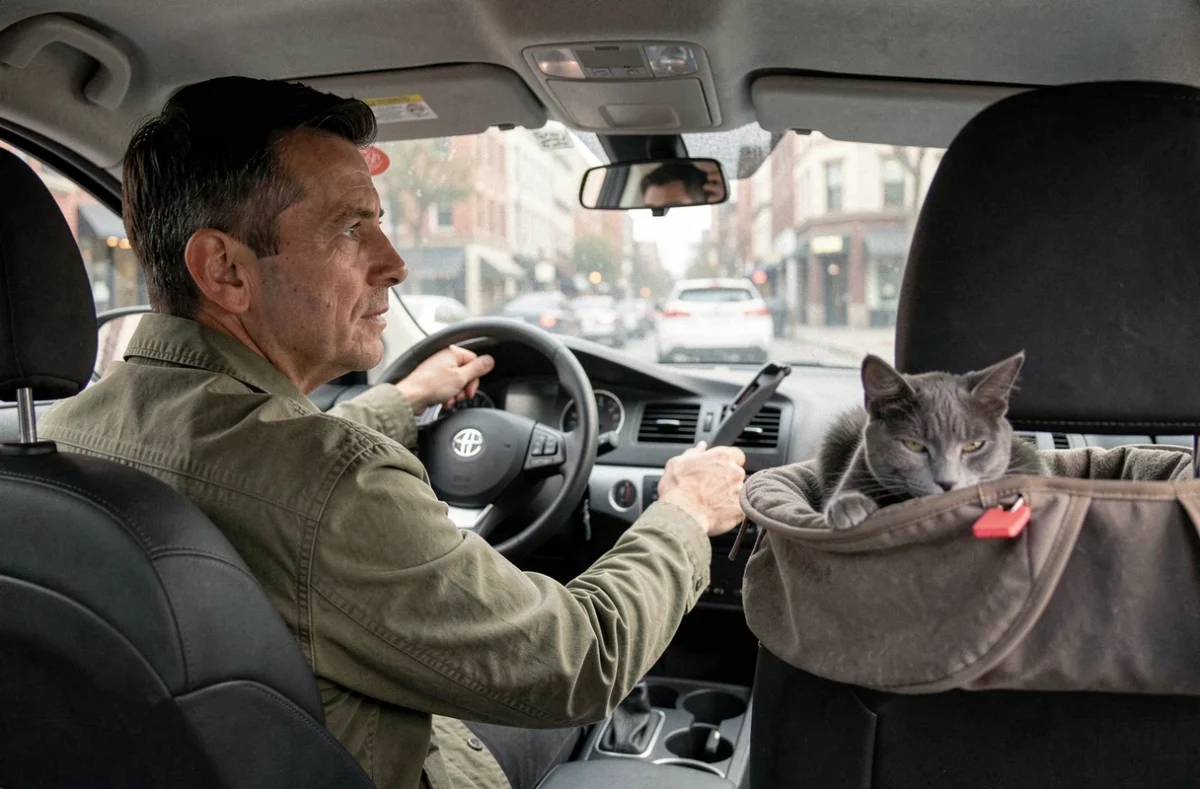 Homme au volant d'une voiture avec un petit chat gris reposant dans un hamac pour animaux fixé au siège passager, voyage serein avec son félin
