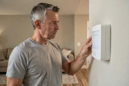 Un homme examinant un panneau d'alarme Homiris installé sur un mur de salon moderne, illustrant le fonctionnement du système sans connexion internet