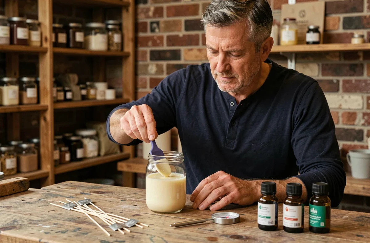 Homme mélangeant de la cire fondue dans un bocal en verre dans un atelier de fabrication de bougies artisanales