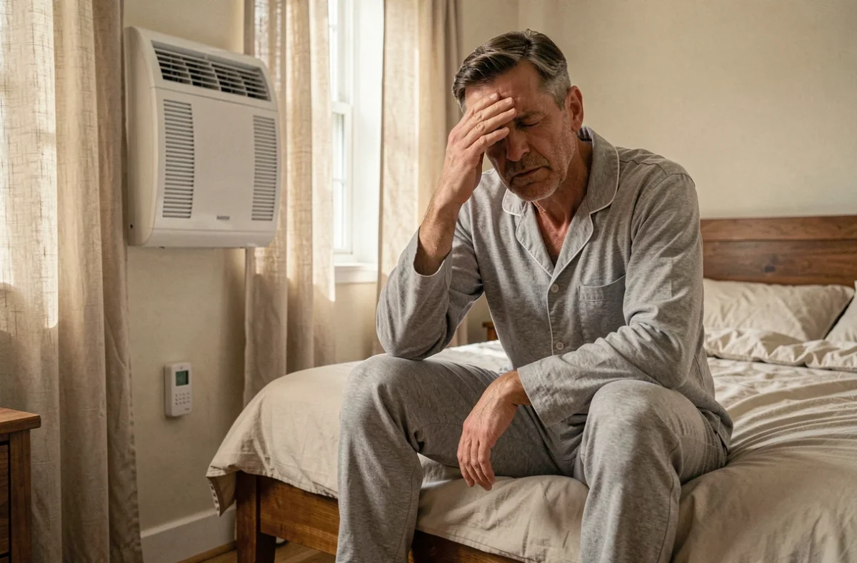 Homme fatigué assis sur son lit le matin avec thermostat de chauffage canalisé visible, évoquant les troubles du sommeil liés au chauffage
