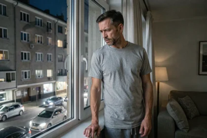 Homme inquiet regardant par sa fenêtre d'appartement la nuit, réveillé par l'alarme du voisin