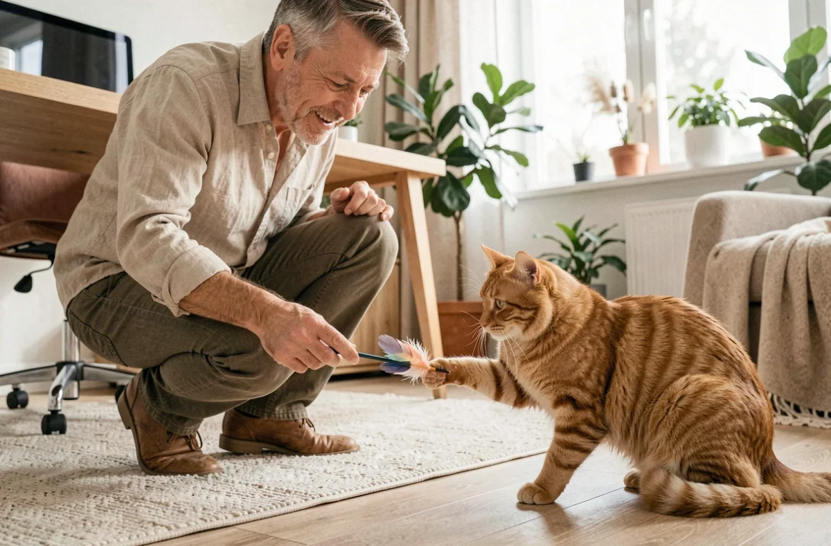 Homme stimulant son chat déprimé avec un jouet plume pour le sortir de sa léthargie