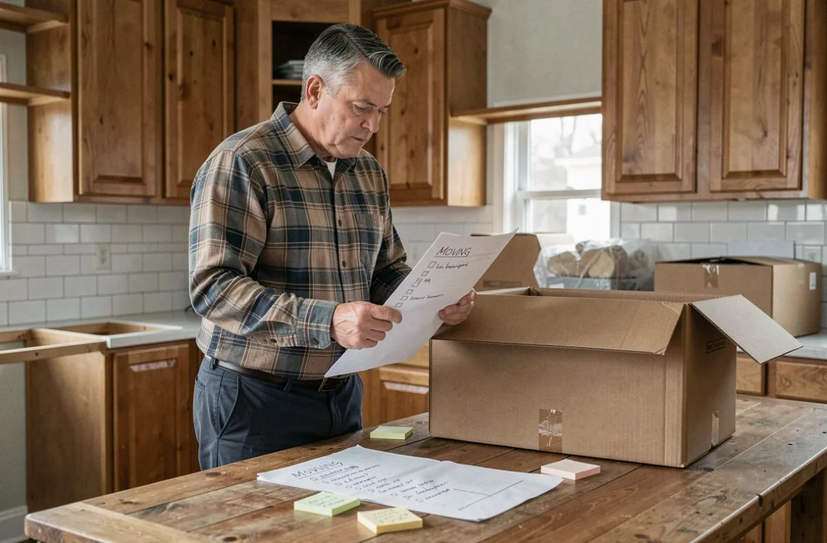 Homme planifiant son déménagement avec une liste de tâches et des cartons dans une cuisine