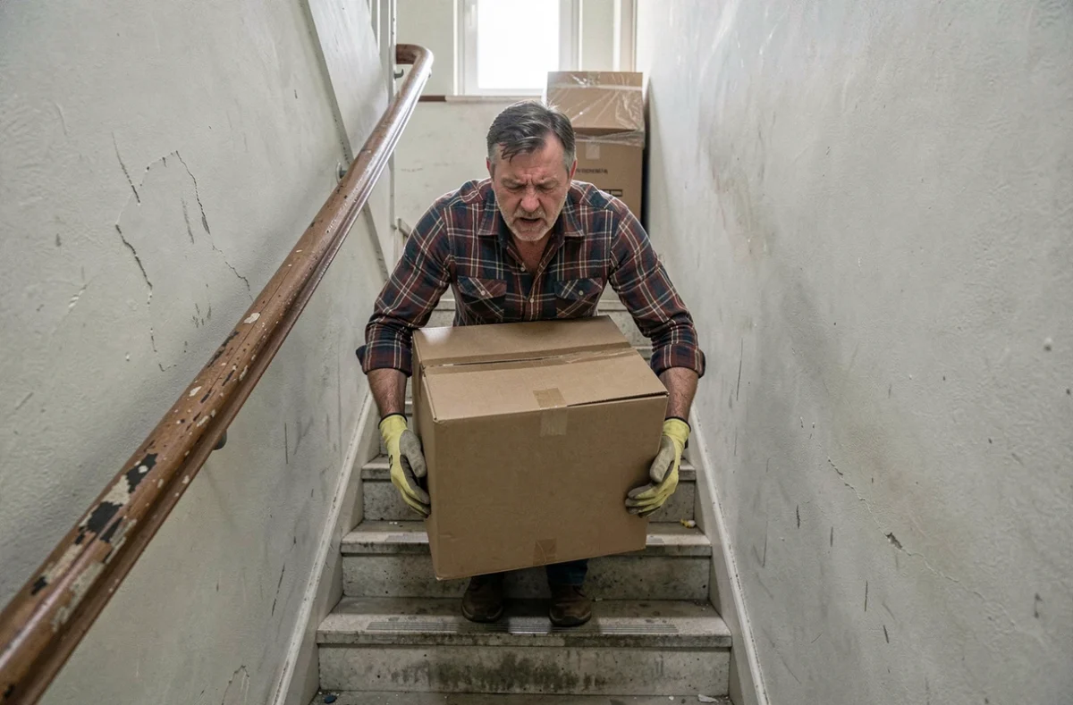 Homme portant un carton lourd dans un escalier lors d'un déménagement express en une semaine