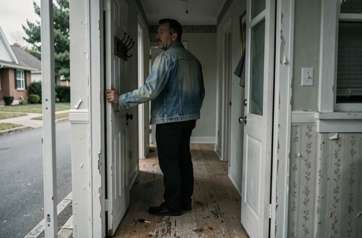 Homme sur le seuil d'une maison vide regardant une dernière fois à l'intérieur avant de partir, clés posées sur le sol