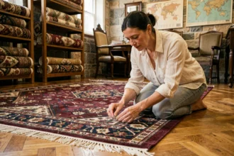 Femme examinant le dessous d'un tapis oriental pour identifier s'il est turc ou persan dans une boutique d'antiquités