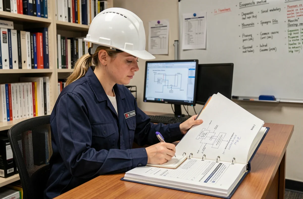 Ingénieure électricienne étudiant un manuel de normes de sécurité électrique dans un bureau technique