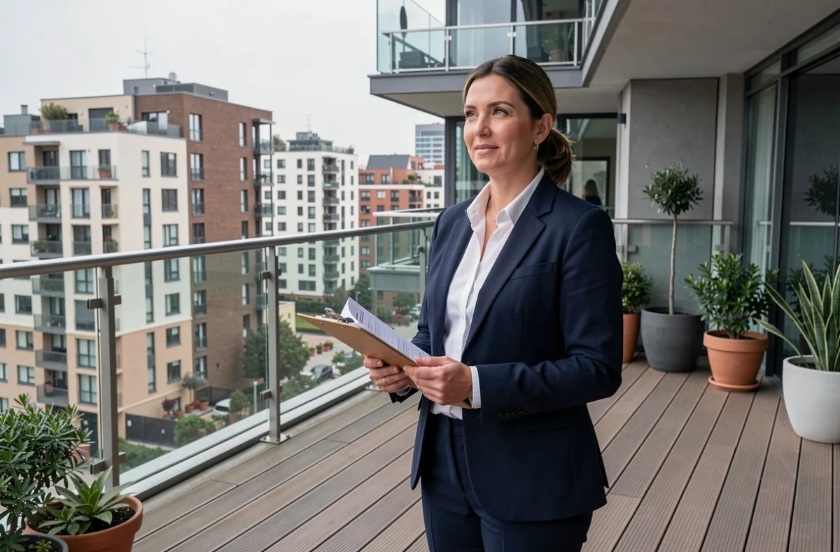 Inspectrice municipale effectuant un contrôle réglementaire sur une terrasse urbaine