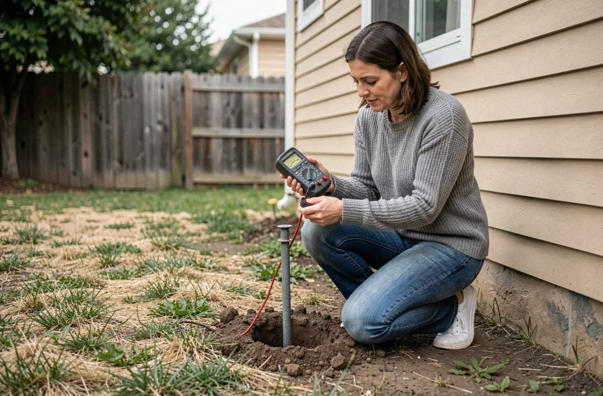 Femme inspectant une tige de mise à la terre extérieure d'une maison avec un multimètre