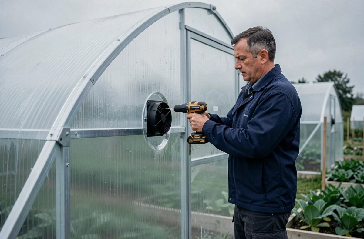 Homme installant un ventilateur électrique dans une serre tunnel en polycarbonate pour réduire la condensation intérieure