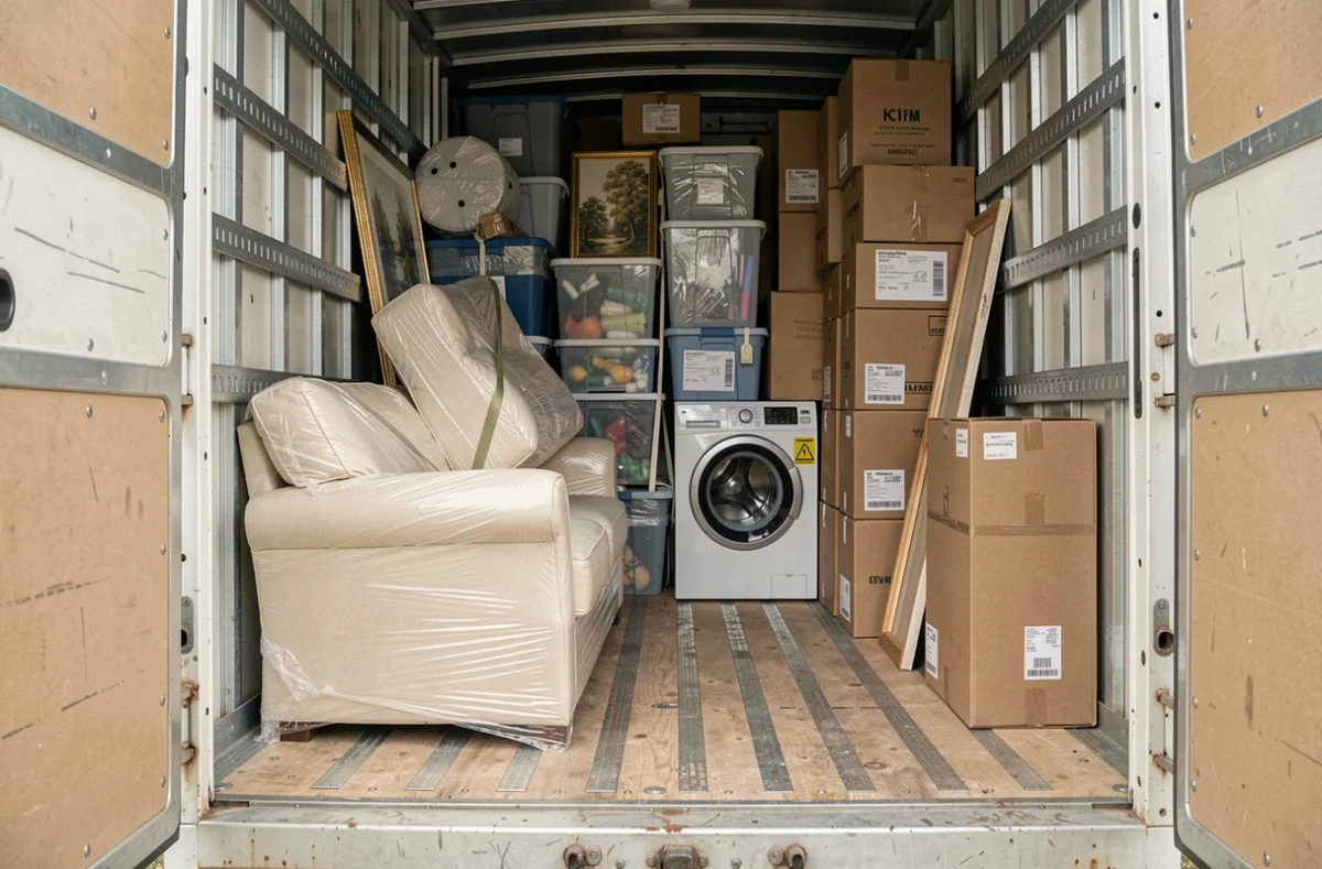 Intérieur d'un camion 15 m3 entièrement chargé avec meubles, électroménager et cartons bien organisés