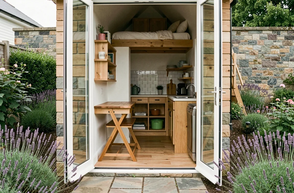 Intérieur aménagé d'une tiny house vu depuis le jardin avec coin bureau, kitchenette et mezzanine