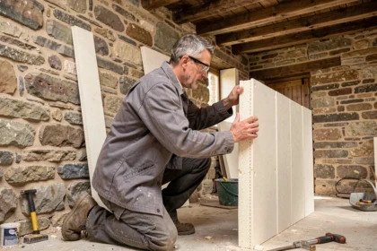 Artisan installant des panneaux d'isolation thermique sur le mur intérieur d'une maison ancienne en pierre pour améliorer son DPE