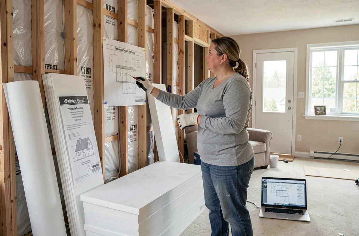 Femme consultant un plan technique devant un mur en cours d'isolation avec des panneaux de polystyrène rigide