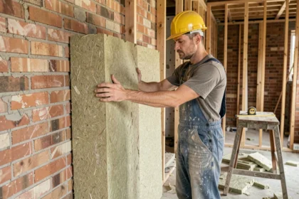 Ouvrier posant un panneau de laine minérale sur un mur intérieur en brique lors de travaux de rénovation