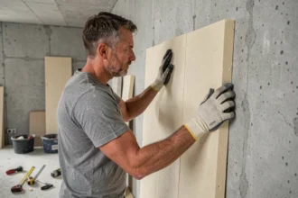 Ouvrier posant un panneau isolant rigide contre un mur froid en béton à l'intérieur d'une pièce en rénovation