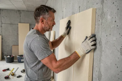 Ouvrier posant un panneau isolant rigide contre un mur froid en béton à l'intérieur d'une pièce en rénovation