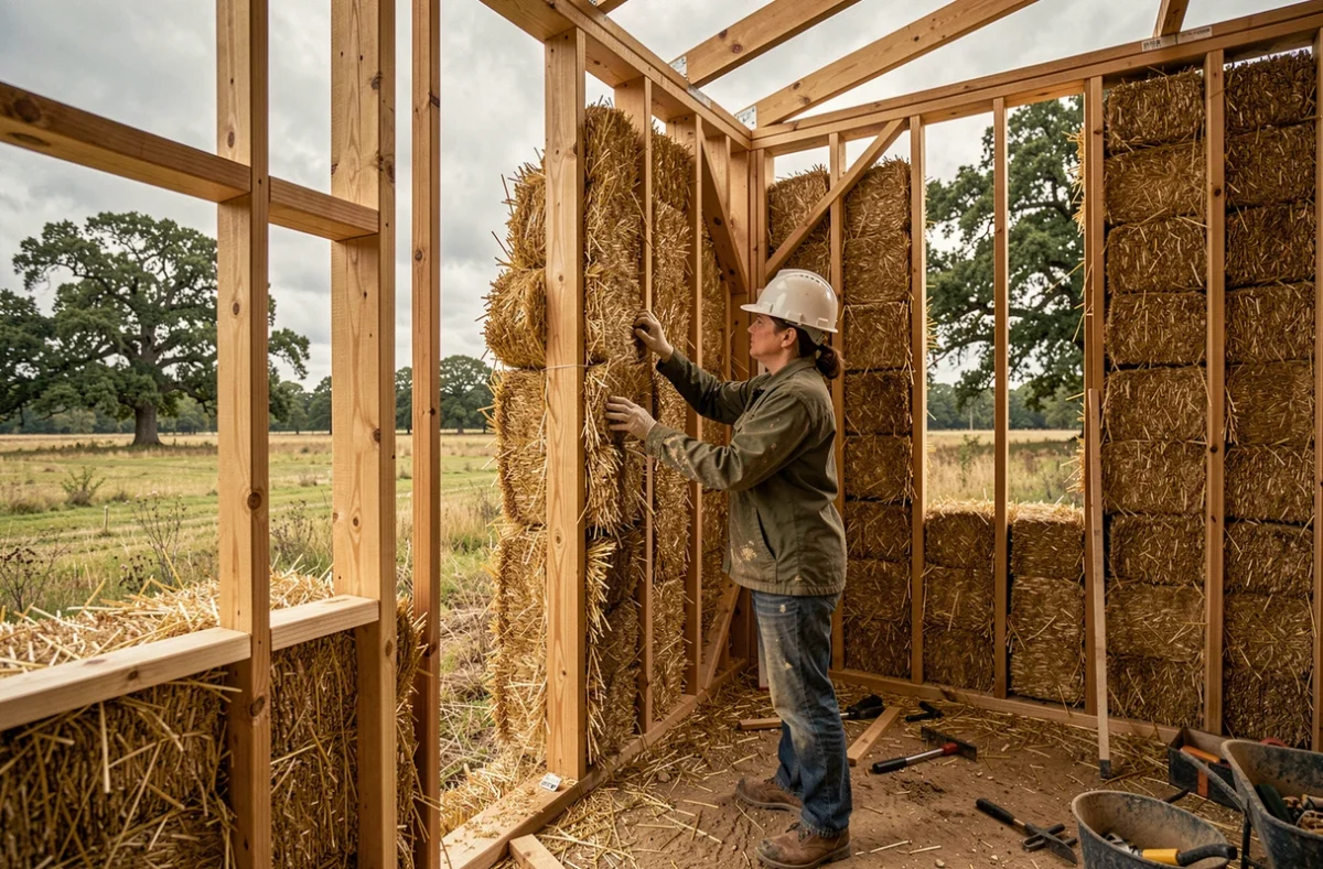 Ouvrière posant des bottes de paille isolantes dans une ossature bois de maison passive en construction