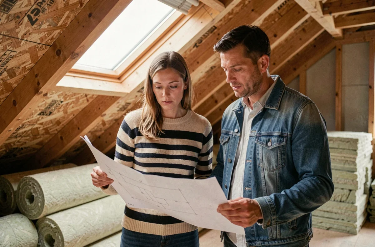 Couple examinant l'isolation thermique en laine minérale dans les combles lors d'une rénovation écologique